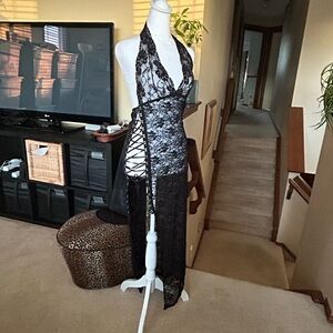 Black Sheer Lace Side Lace up Halter Dress/ Lingerie/sexy/ playful